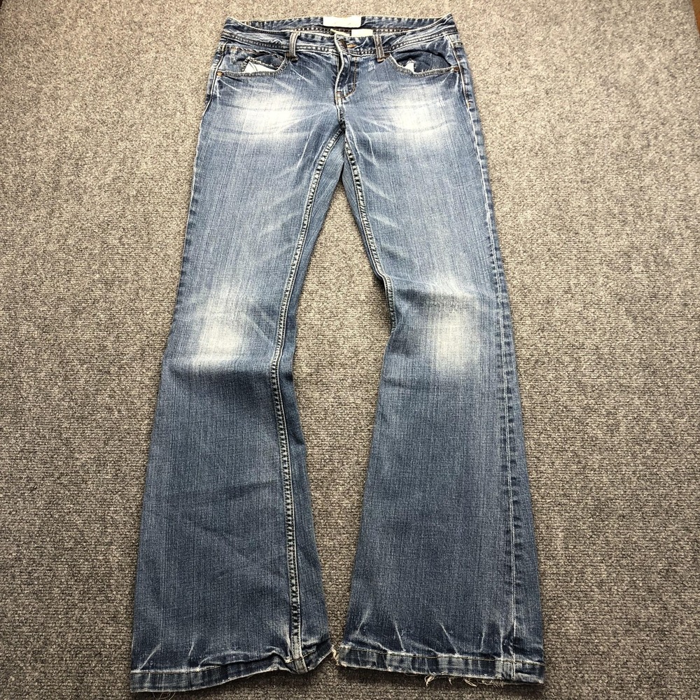 Maurices Jeans Juniors 5/6 27x32 Blue Flare Distressed Embroidered Stretch Denim